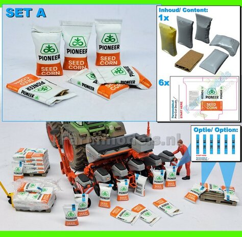 Ma&iuml;szaad: PIONEER CORNSEED  SET A = 5x verschillende volle zakken + 1x lege zak zaadgoed + 6x Pr&eacute;-Cut decal-stickers  1:32  