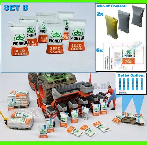 Ma&iuml;szaad: PIONEER CORNSEED  SET B = 6x volle zakken zaadgoed (3 vormen) + 6x Pr&eacute;-Cut decal-stickers 1:32  