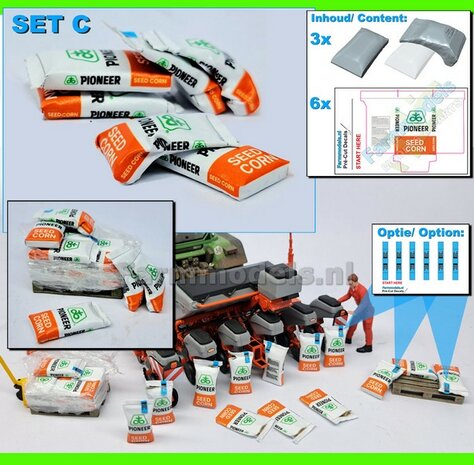 Ma&iuml;szaad: PIONEER CORNSEED SET C = 6 liggende volle zakken (2 verschillende vormen) + 6x Pr&eacute;-Cut decal-stickers  1:32  