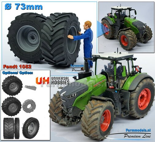 &Oslash; 73 x 30.4 mm: FENDT 1052 UH: 2x Michelin Axiobib2 Banden + RESIN Velgen BLANK geleverd 1:32 Premium Line Series  