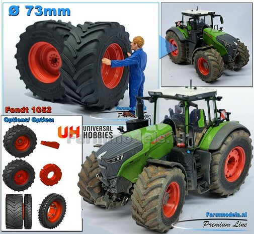 &Oslash; 73 x 30.4 mm: FENDT 1052 UH: 2x Michelin Axiobib2 Banden + Resin Velgen FENDT TERRA-RED ROOD Gespoten geleverd 1:32  