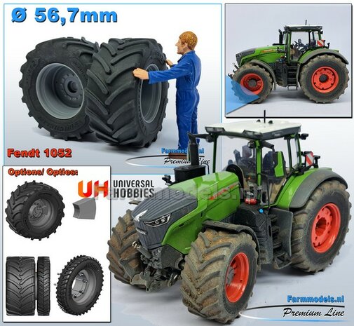 &Oslash; 56.7 x 26.1 mm: FENDT 1052 UH: 2x Michelin Axiobib2 Banden + RESIN Velgen BLANK geleverd 1:32 Farmmodels Premium Line 