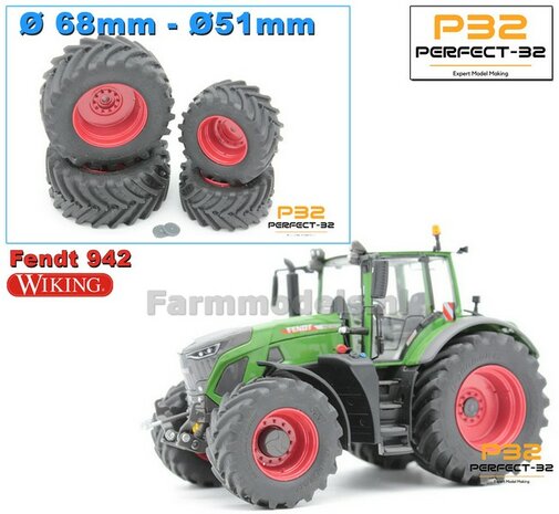 COMBI SET: 2x &Oslash; 51 mm + 2x &Oslash; 68 mm: Fendt 942 Wiking Bandenset ROOD incl. 2x afdekplaat achteras 1:32  PERFECT-32 P28 + P29
