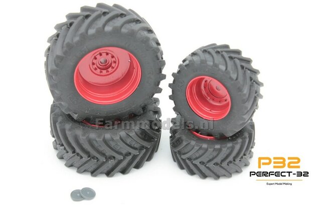 COMBI SET: 2x &Oslash; 51 mm + 2x &Oslash; 68 mm: Fendt 942 Wiking Bandenset ROOD incl. 2x afdekplaat achteras 1:32  PERFECT-32 P28 + P29