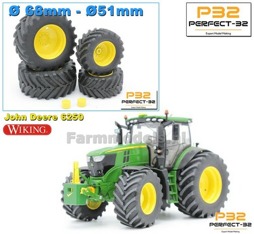 COMBI SET: 2x &Oslash; 51 mm + 2x &Oslash; 68 mm: JD 6250 Wiking Bandenset GEEL incl. 2x eindvertraging vooras 1:32  PERFECT-32  P28 + P29