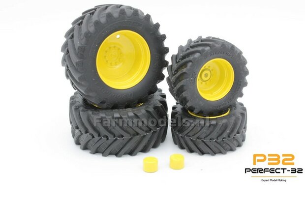 COMBI SET: 2x &Oslash; 51 mm + 2x &Oslash; 68 mm: JD 6250 Wiking Bandenset GEEL incl. 2x eindvertraging vooras 1:32  PERFECT-32  P28 + P29