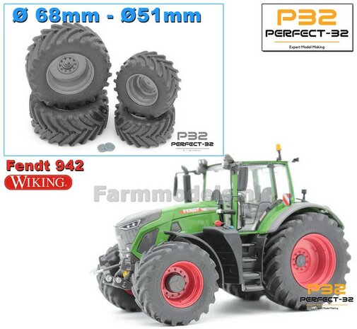COMBI SET: 2x &Oslash; 51 mm + 2x &Oslash; 68 mm: Fendt 942 Wiking Bandenset BLANK incl. 2x afdekplaat achteras 1:32  PERFECT-32 P28 + P29