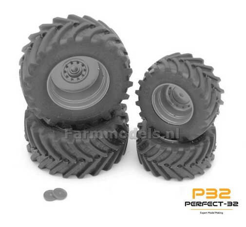 COMBI SET: 2x &Oslash; 51 mm + 2x &Oslash; 68 mm: Fendt 942 Wiking Bandenset BLANK incl. 2x afdekplaat achteras 1:32  PERFECT-32 P28 + P29