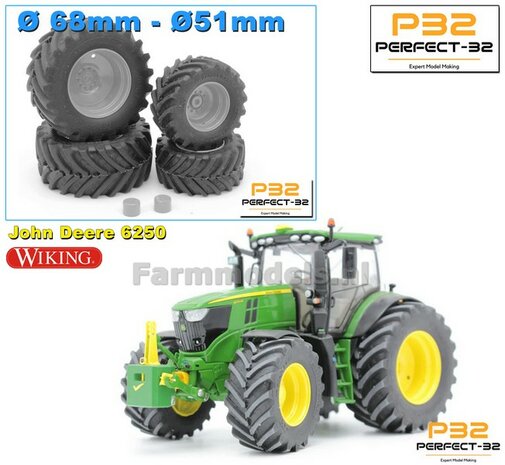 COMBI SET: 2x &Oslash; 51 mm + 2x &Oslash; 68 mm: JD 6250 Wiking Bandenset BLANK incl. 2x eindvertraging vooras 1:32  PERFECT-32  P28 + P29