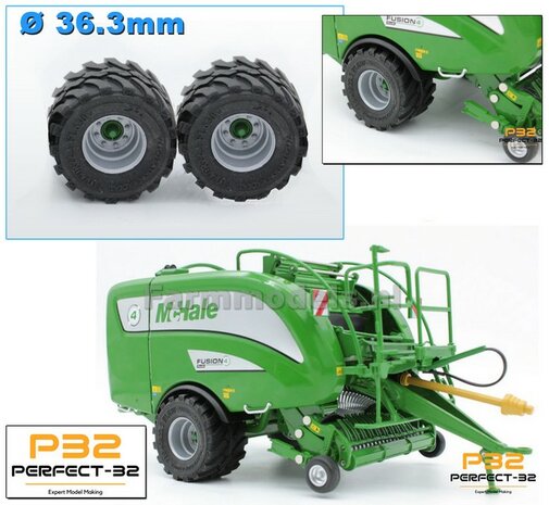 &Oslash; 36.3 mm x &Oslash; 22.7 mm: Mc Hale Bandenset 710/40R22.5  ALU.-Grijs velgen + 2x Groen Naafdoppen   1:32  PERFECT-32 