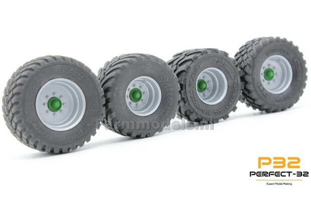 &Oslash; 36.3 mm x &Oslash; 22.7 mm: Lagedruk Bandenset 710/40R22.5  ALU.-Grijs velgen + 2x RESIN Naafdoppen BLANK  1:32  PERFECT-32  P12