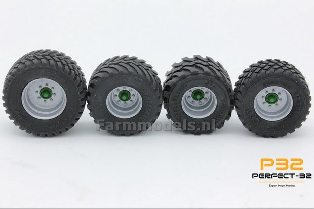 &Oslash; 36.3 mm x &Oslash; 22.7 mm: Lagedruk Bandenset 710/40R22.5  velgen + 2x RESIN Naafdoppen BLANK  1:32  PERFECT-32  P12
