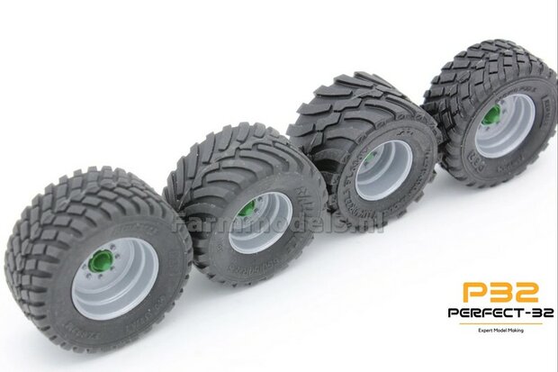 &Oslash; 36.3 mm x &Oslash; 22.7 mm: Lagedruk Bandenset 710/40R22.5  velgen + 2x RESIN Naafdoppen BLANK  1:32  PERFECT-32  P12