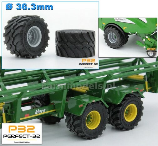 &Oslash; 36.3 mm x &Oslash; 22.7 mm: Lagedruk Bandenset 710/40R22.5  ALU.-Grijs velgen + 2x RESIN Naafdoppen BLANK  1:32  PERFECT-32  P12