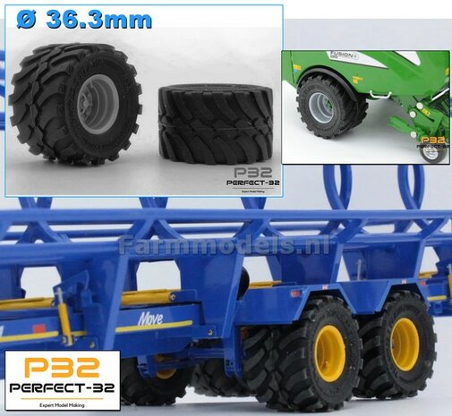 &Oslash; 36.3 mm x &Oslash; 22.7 mm: Lagedruk Bandenset 710/40R22.5  velgen + 2x RESIN Naafdoppen BLANK  1:32  PERFECT-32  P12