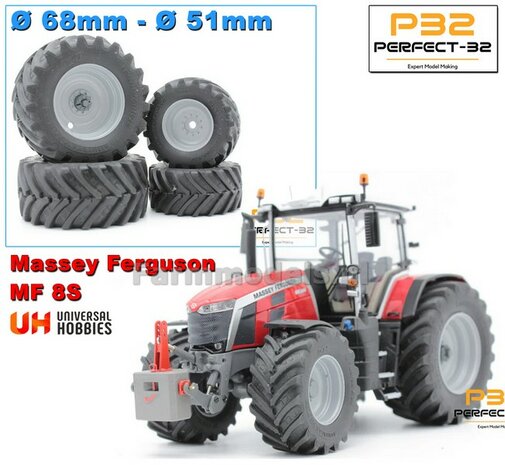 COMBI SET: 2x &Oslash; 51 mm + 2x &Oslash; 68 mm: MF 8S UH Bandenset GRIJS incl. 2x eindvertraging vooras 1:32  PERFECT-32  P28 + P29