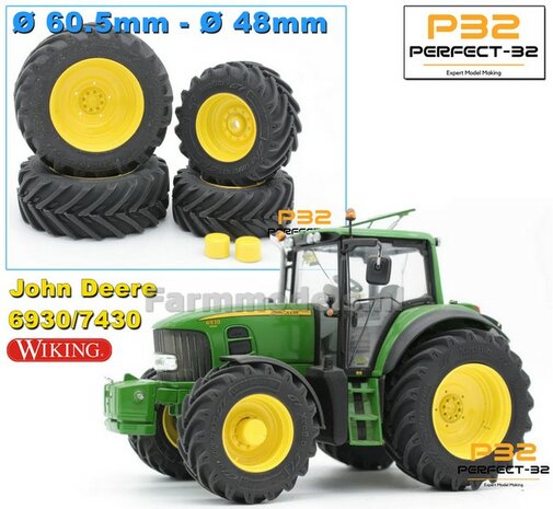 COMBI SET: 2x &Oslash; 48 mm + 2x &Oslash; 60.5 mm: JD 7530 Wiking set GEEL gespoten incl. 2x eindvertraging 1:32  PERFECT-32 P24 + P25