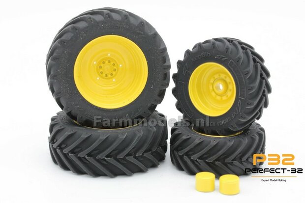 COMBI SET: 2x &Oslash; 48 mm + 2x &Oslash; 60.5 mm: JD 7530 Wiking set GEEL gespoten incl. 2x eindvertraging 1:32  PERFECT-32 P24 + P25