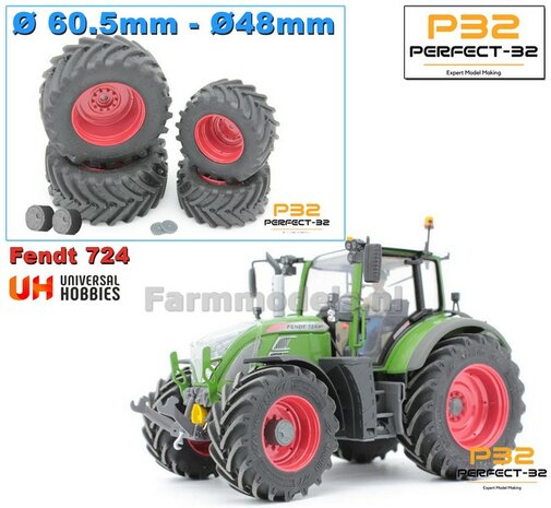 COMBI SET: 2x &Oslash; 48 mm + 2x &Oslash; 60.5 mm: FENDT 724 UH set ROOD gespoten incl. 2x eindvertraging 1:32  PERFECT-32 P24 + P25