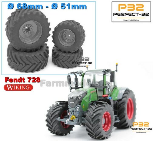COMBI SET: 2x &Oslash; 51 mm + 2x &Oslash; 68 mm: Fendt 728 Wiking Bandenset BLANK  1:32  PERFECT-32 P28 + P29