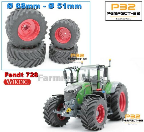 COMBI SET: 2x &Oslash; 51 mm + 2x &Oslash; 68 mm: Fendt 728 Wiking Bandenset ROOD incl. 2x afdekplaat achteras 1:32  PERFECT-32 P28 + P29