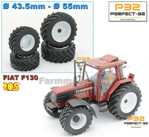 COMBI SET: 2x &Oslash; 43.5 mm + 2x &Oslash; 55 mm: FIAT AGRI F130 ROS set WIT gespoten incl. 2x afdekplaatjes 1:32  PERFECT-32 P24 + P25
