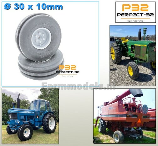 2x &Oslash; 30 x 10 mm: 2WD Three Rib Tire 11.00R16 Banden en As stompen RESIN BLANK  1:32   PERFECT-32 P23