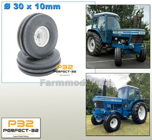 2x &Oslash; 30 x 10 mm: 2WD Three Rib Tire 11.00R16 Banden en As stompen RESIN. Velgen WIT Gespoten 1:32   PERFECT-32 P23