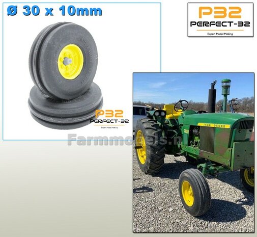 2x &Oslash; 30 x 10 mm: 2WD Three Rib Tire 11.00R16 Banden en As stompen RESIN. Velgen GEEL Gespoten 1:32   PERFECT-32 P23