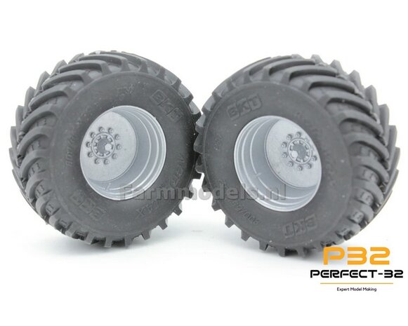 2x &Oslash; 57.5 x 25.1 mm: 800/65 R32 Banden en losse As stompen RESIN ALU-GRIJS Gespoten geleverd  1:32   PERFECT-32 P30