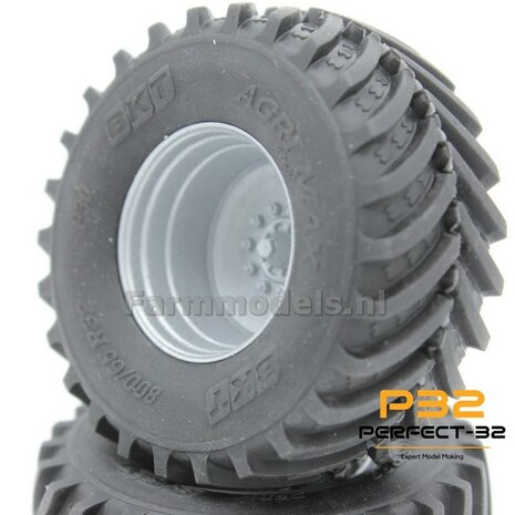 2x &Oslash; 57.5 x 25.1 mm: 800/65 R32 Banden en losse As stompen RESIN ALU-GRIJS Gespoten geleverd  1:32   PERFECT-32 P30