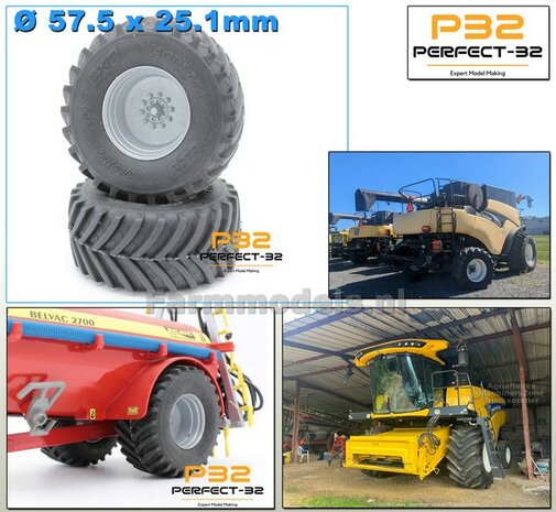 2x &Oslash; 57.5 x 25.1 mm: 800/65 R32 Banden en losse As stompen RESIN ALU-GRIJS Gespoten geleverd  1:32   PERFECT-32 P30