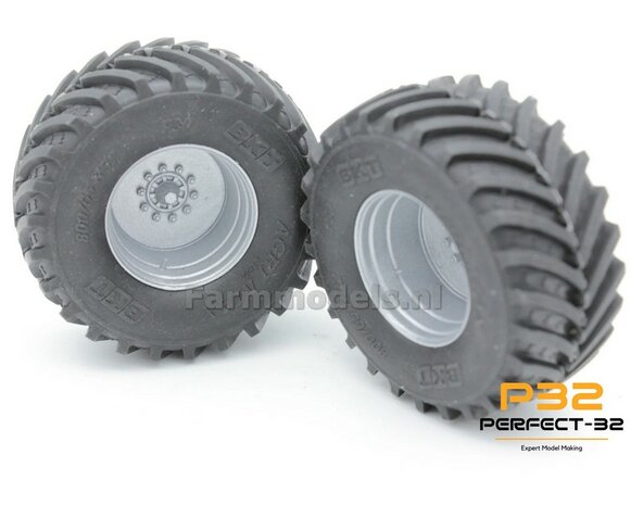 2x &Oslash; 57.5 x 25.1 mm: 800/65 R32 Banden en losse As stompen RESIN WIT Gespoten geleverd  1:32   PERFECT-32 P30