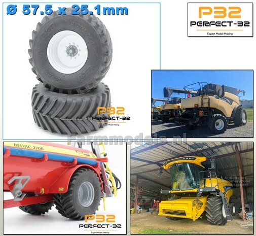 2x &Oslash; 57.5 x 25.1 mm: 800/65 R32 Banden en losse As stompen RESIN WIT Gespoten geleverd  1:32   PERFECT-32 P30