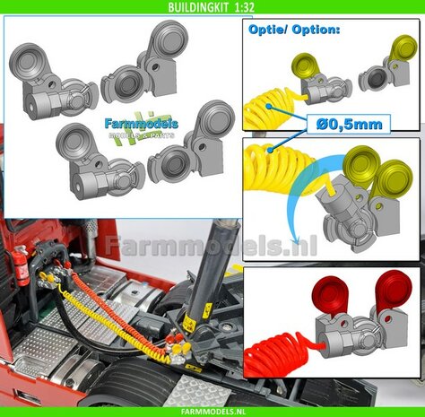 4x WABCO LUCHTKOPPELING met STOFKLEP, echt beweeg- &amp; koppelbaar Materiaal: RESIN BLANK Geleverd, geschikt voor &Oslash; 0.5mm luchtleidingen 1:32