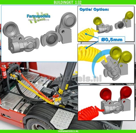 2x WABCO LUCHTKOPPELING met STOFKLEP, echt beweeg- &amp; koppelbaar Materiaal: RESIN BLANK Geleverd, geschikt voor &Oslash; 0.5mm luchtleidingen 1:32