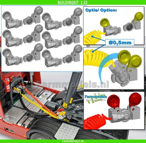 12x WABCO LUCHTKOPPELING met STOFKLEP, echt beweeg- &amp; koppelbaar Materiaal: RESIN BLANK Geleverd, geschikt voor &Oslash; 0.5mm luchtleidingen 1:32