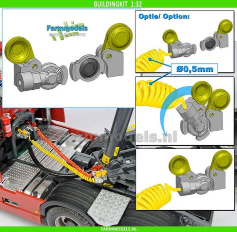2x WABCO LUCHTKOPPELING + STOFKLEP, echt beweeg- &amp; koppelbaar Mat: Resin, ALUMINIUM + GEEL Geleverd, geschikt voor &Oslash; 0.5mm luchtleidingen 1:32