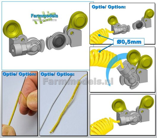 4x WABCO LUCHTKOPPELING + STOFKLEP, echt beweeg- &amp; koppelbaar Mat: Resin, ALUMINIUM + GEEL Geleverd, geschikt voor &Oslash; 0.5mm luchtleidingen 1:32