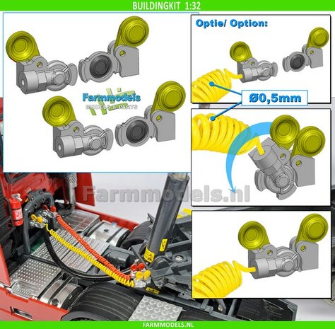 4x WABCO LUCHTKOPPELING + STOFKLEP, echt beweeg- &amp; koppelbaar Mat: Resin, ALUMINIUM + GEEL Geleverd, geschikt voor &Oslash; 0.5mm luchtleidingen 1:32