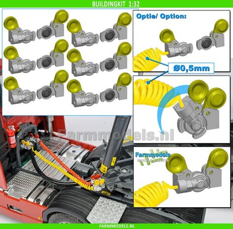 12x WABCO LUCHTKOPPELING + STOFKLEP, echt beweeg- &amp; koppelbaar Mat: Resin, ALUMINIUM + GEEL Geleverd, geschikt voor &Oslash; 0.5mm luchtleidingen 1:32