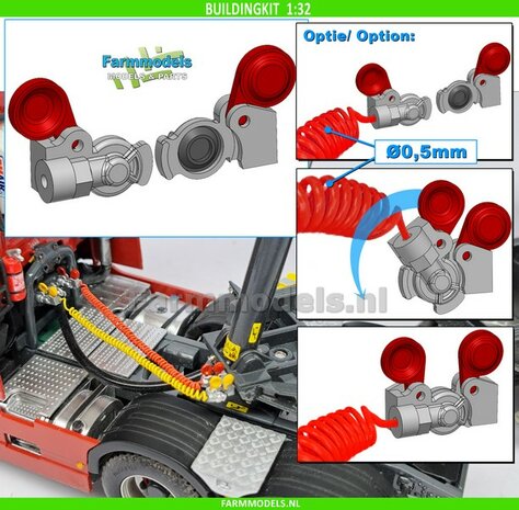 2x WABCO LUCHTKOPPELING + STOFKLEP, echt beweeg- &amp; koppelbaar Mat: Resin, ALUMINIUM + ROOD Geleverd, geschikt voor &Oslash; 0.5mm luchtleidingen 1:32