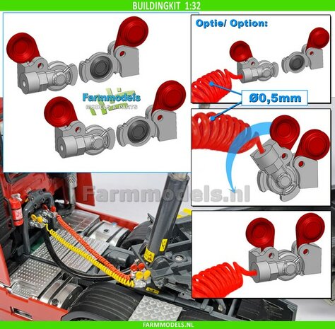 4x WABCO LUCHTKOPPELING + STOFKLEP, echt beweeg- &amp; koppelbaar Mat: Resin, ALUMINIUM + ROOD Geleverd, geschikt voor &Oslash; 0.5mm luchtleidingen 1:32