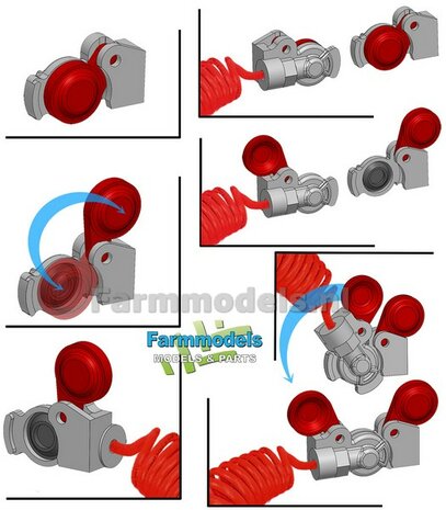 12x WABCO LUCHTKOPPELING + STOFKLEP, echt beweeg- &amp; koppelbaar Mat: Resin, ALUMINIUM + ROOD Geleverd, geschikt voor &Oslash; 0.5mm luchtleidingen 1:32