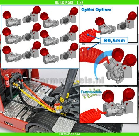 12x WABCO LUCHTKOPPELING + STOFKLEP, echt beweeg- &amp; koppelbaar Mat: Resin, ALUMINIUM + ROOD Geleverd, geschikt voor &Oslash; 0.5mm luchtleidingen 1:32