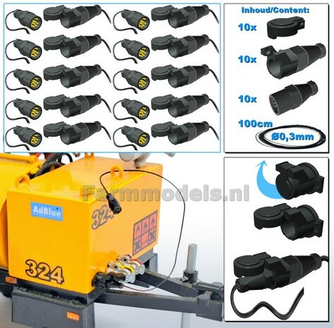 10x 13-Polige STEKKER + 10x  CONTRASTEKKER &amp; KAPJES + VERLICHTINGSKABEL  &Oslash; 0.3 mm Mat: Resin ZWART MATT gespoten geleverd + &Oslash; 0.3 mm kabel  1:32 
