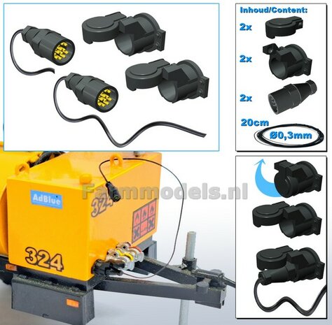 2x 13-Polige STEKKER &amp; 2x CONTACTDOOS  + KAPJE + VERLICHTINGSKABEL  &Oslash; 0.3 mm Mat: Resin ZWART MATT gespoten geleverd + &Oslash; 0.3 mm kabel  1:32 
