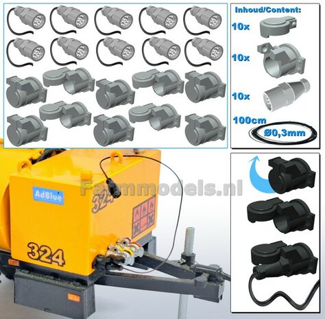 10x 13-Polige STEKKER &amp; 10x CONTACTDOOS  + 10x STOFKAPJE + VERLICHTINGSKABEL  &Oslash; 0.3 mm Mat: RESIN, BLANK Geleverd + &Oslash; 0.3 mm kabel  1:32 
