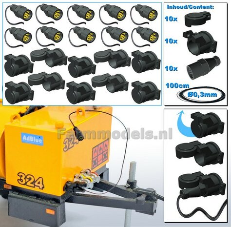 10x 13-Polige STEKKER &amp; 10x CONTACTDOOS  + KAPJE + VERLICHTINGSKABEL  &Oslash; 0.3 mm Mat: Resin ZWART MATT gespoten geleverd + &Oslash; 0.3 mm kabel  1:32 
