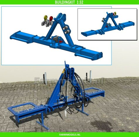 BOUWKIT: UITTRIJBOK REGENHASPEL met opties voor Hydrauliek- Lucht- &amp; Stroom aansluiting 3-Punt Bok Mat: Resin BLAUW/GEEL &amp; ALU gespoten 1:32